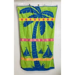 Vtg Beach Towel Palm Tree Sailboats Santens Cotton USA Large Green Blue Sunshine
